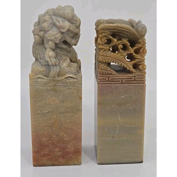 Vtg Asian Stone Carved Dragon Chops / Stamps Etched Scenes Ink Lot U133 main image 11